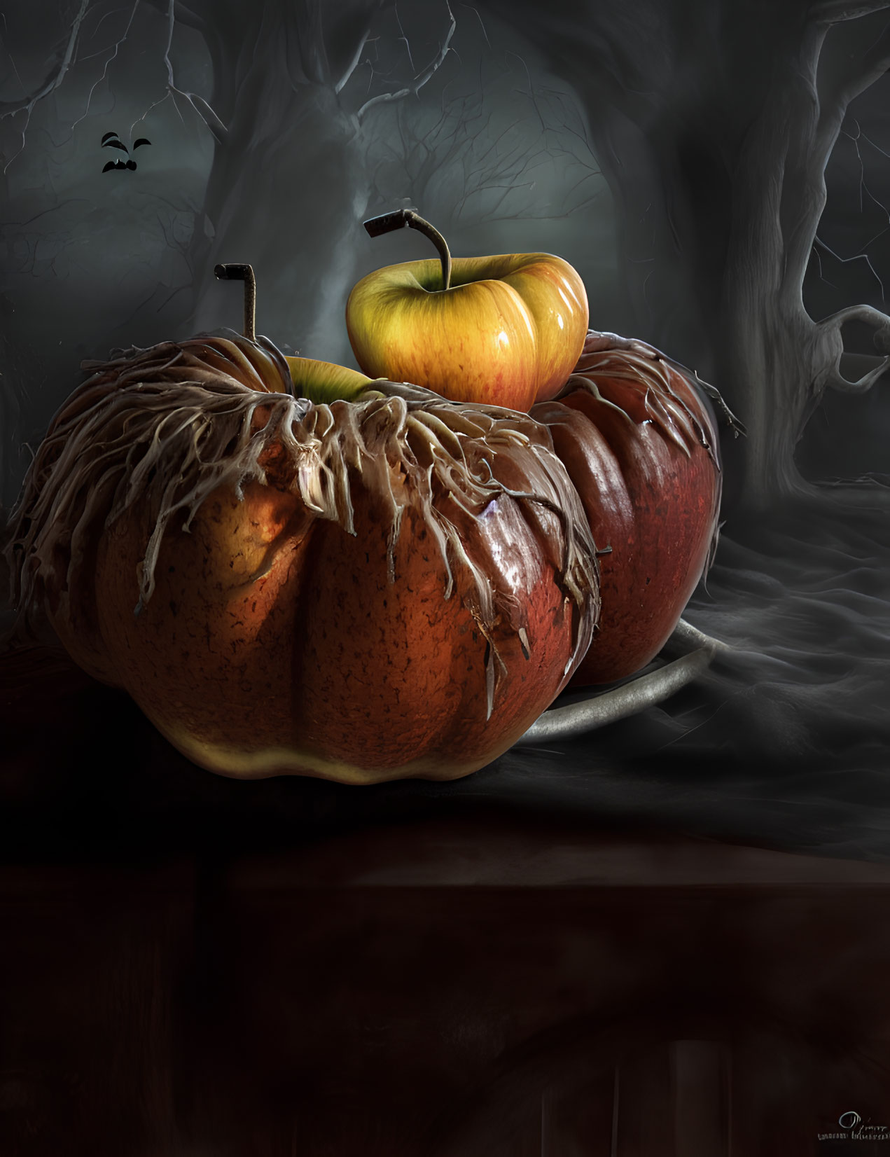 Rotting pumpkins, fresh apple, bats, and misty background scene