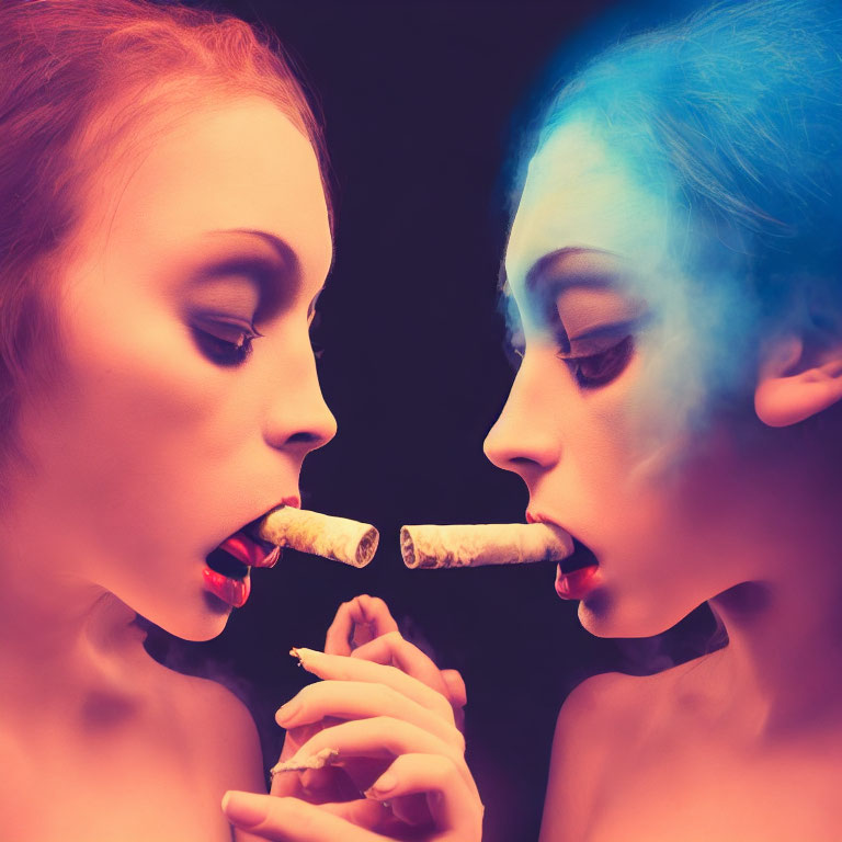 Two women sharing a cigar with blue smoke on black background.