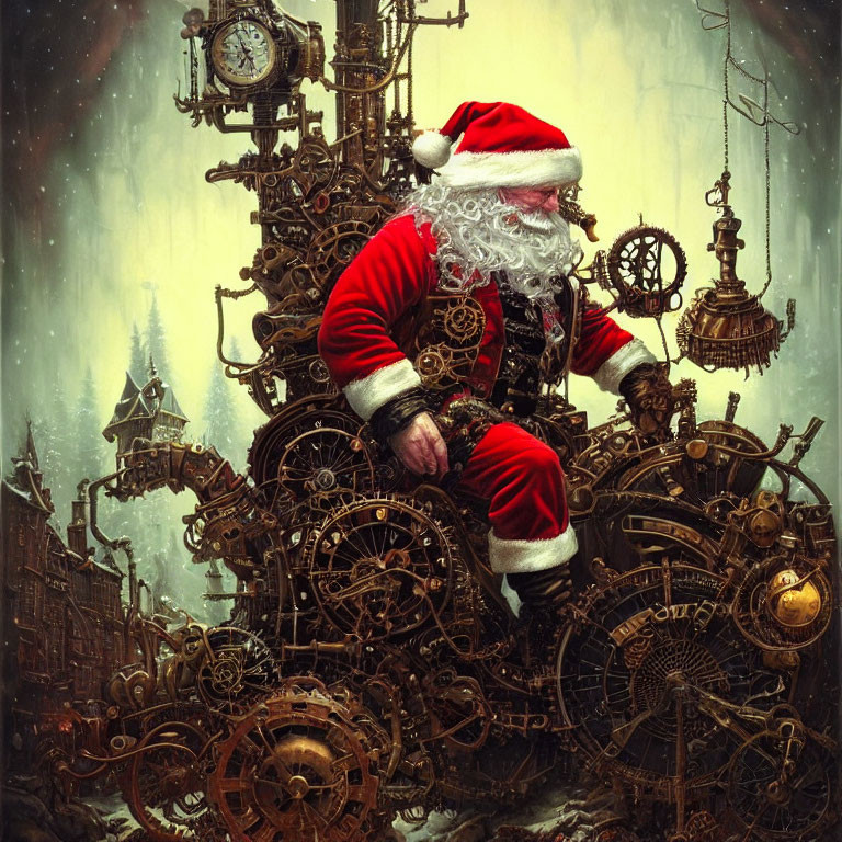 Steampunk-style Santa Claus on intricate gear throne.