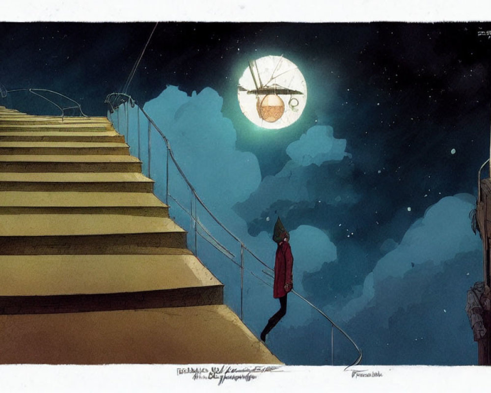 Person in Red Jacket Descends Grand Staircase at Night