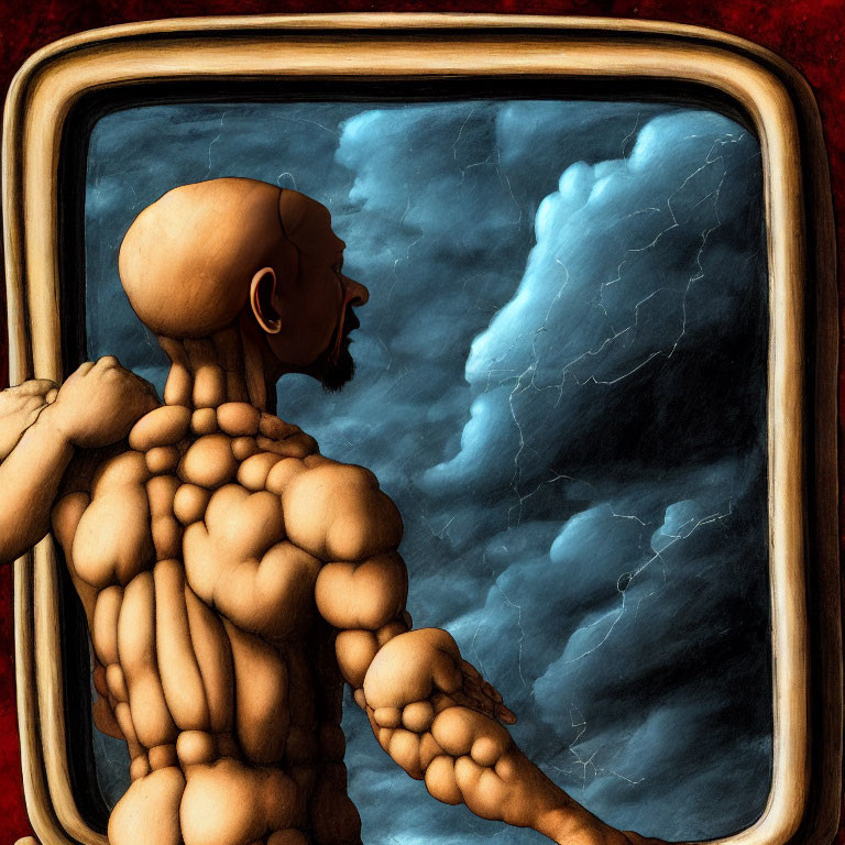 Bald muscular figure looking at stormy sky with lightning