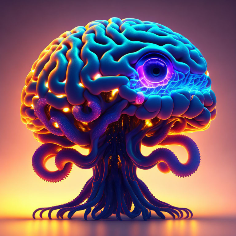 Surreal brain with eye and tentacles on orange-purple gradient background