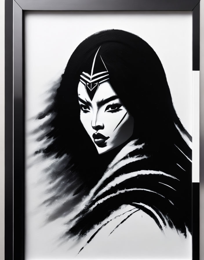 Monochrome Female Superhero Artwork with Tiara and Strong Gaze