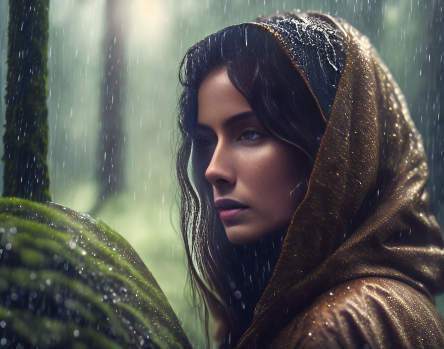 Woman in hooded garment standing in rain with droplets on face and green leaf, gazing thought