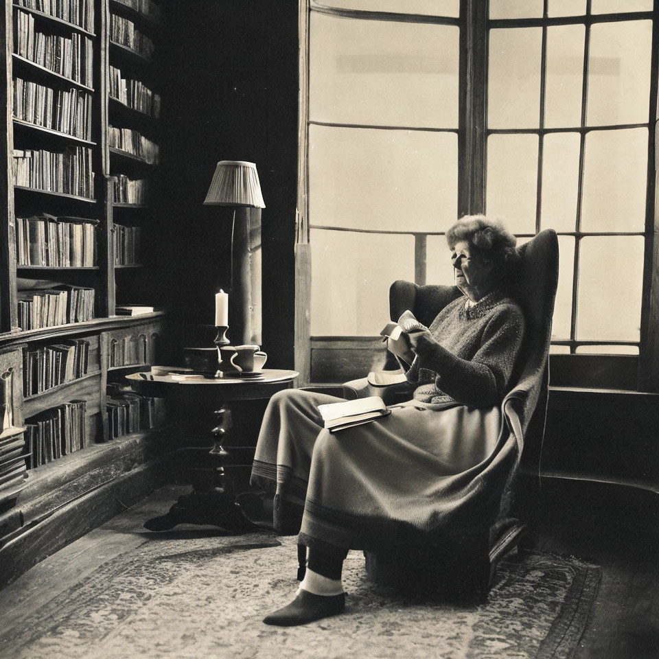 Person reading book in high-back chair near window and lamp, with shelves of books.