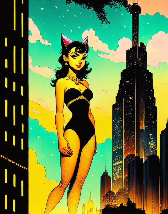 Stylized woman with cat ears in vibrant cityscape at sunset