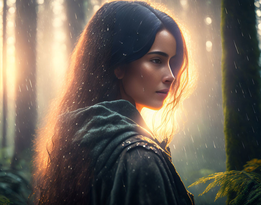 Woman in Green Cloak Standing in Misty Forest with Sunlight Filtering Through