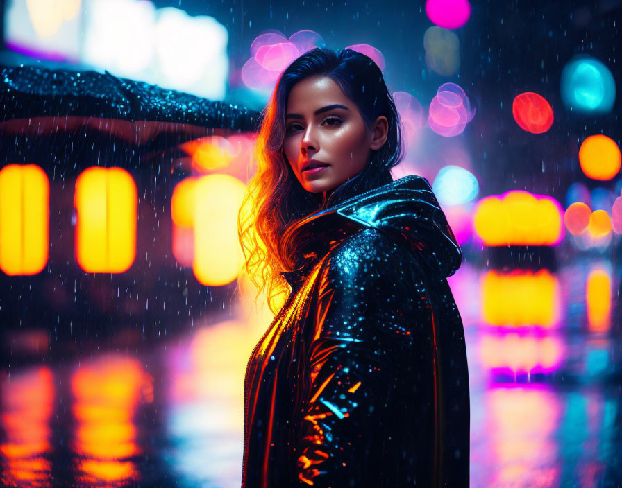 Reflective jacket woman in rain under city lights