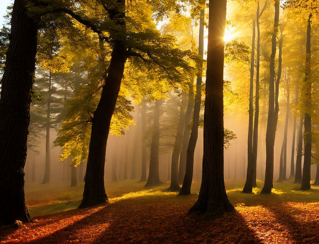 Autumn forest scene with sunlight filtering through misty trees