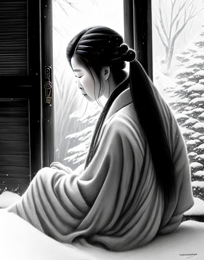 Traditional attired woman gazes at snowy landscape by sliding door