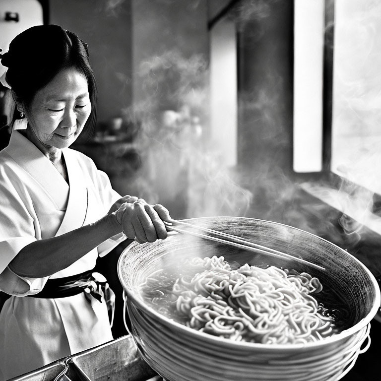 Woman stirring noodles in large bowl with gentle smile