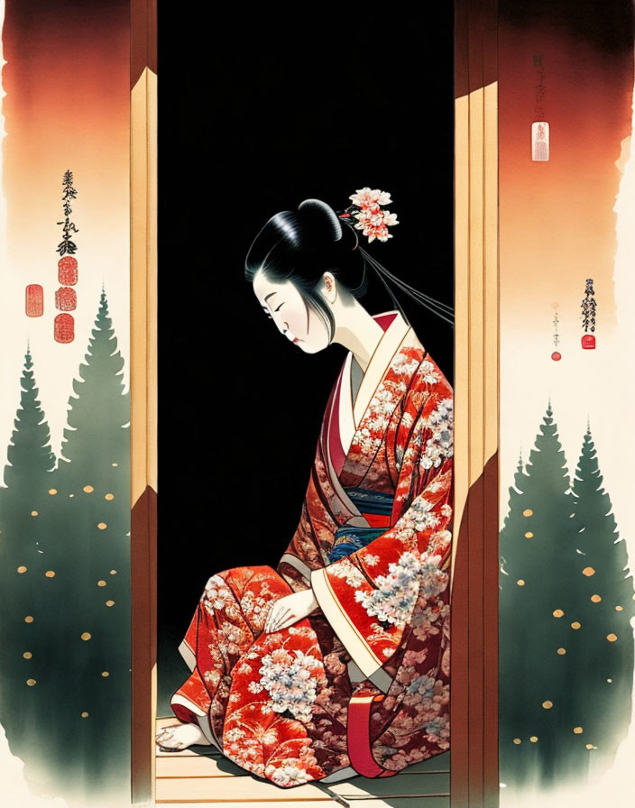 Traditional Japanese painting: Woman in floral kimono by sliding door, serene expression, pine tree landscape.