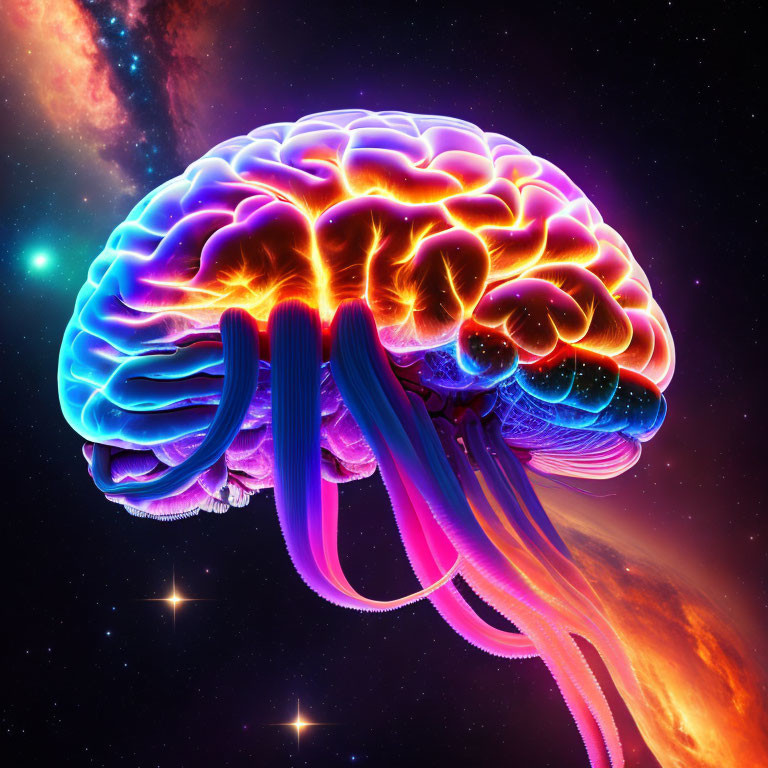 Colorful Brain Illustration in Neon Glow Against Cosmic Space