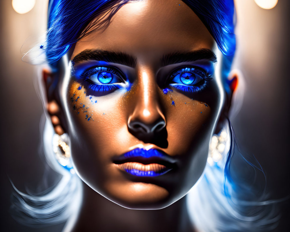 Vibrant blue hair and makeup portrait against warm backdrop