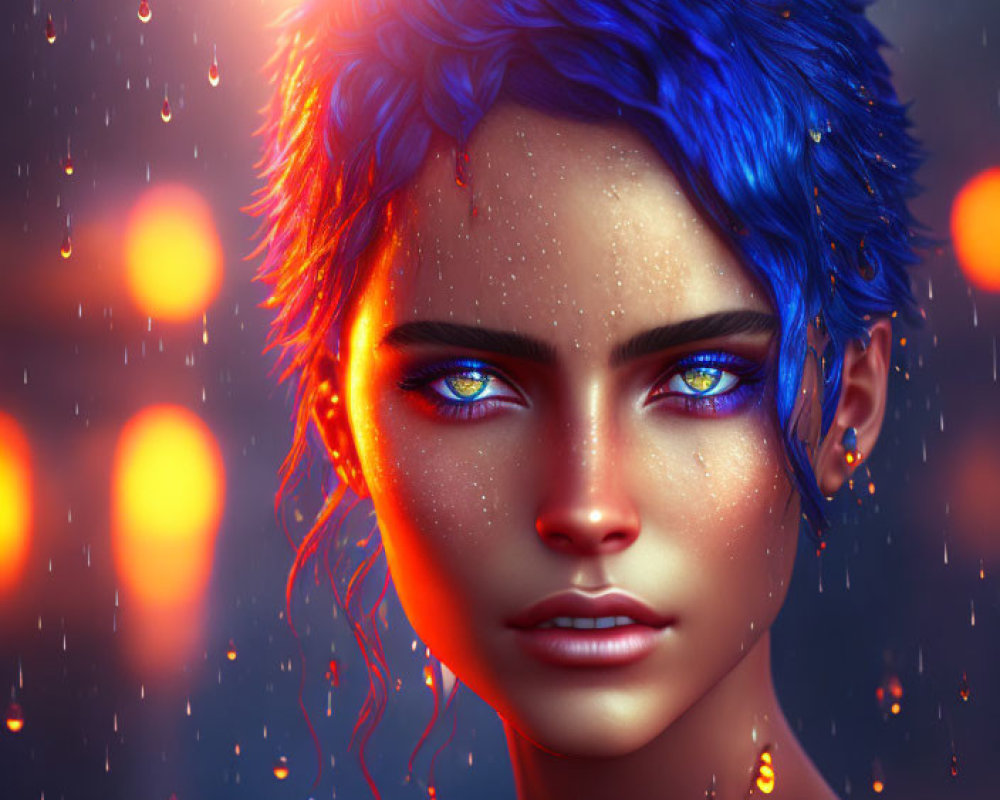 Vibrant blue hair and eyes in golden light with raindrops