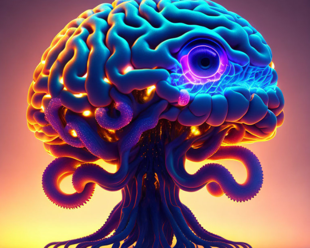 Surreal brain with eye and tentacles on orange-purple gradient background