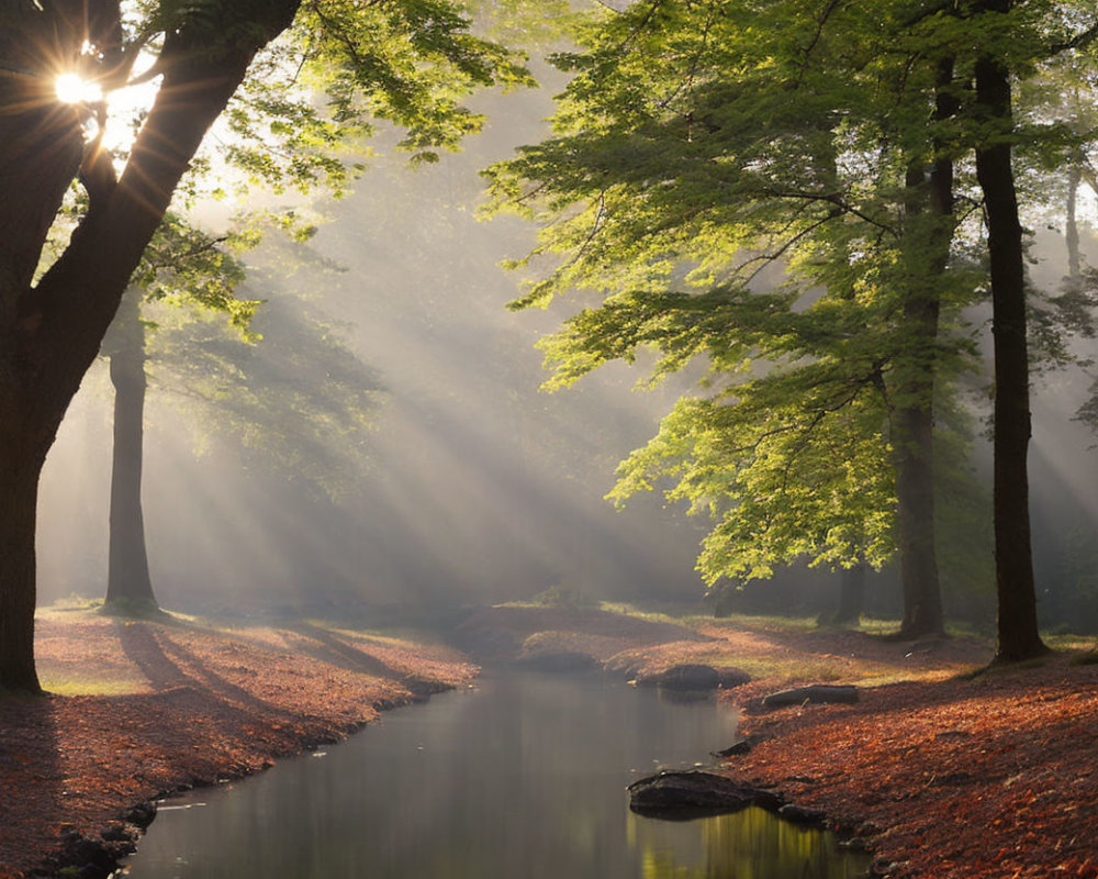 Forest stream illuminated by sunlight and autumn leaves