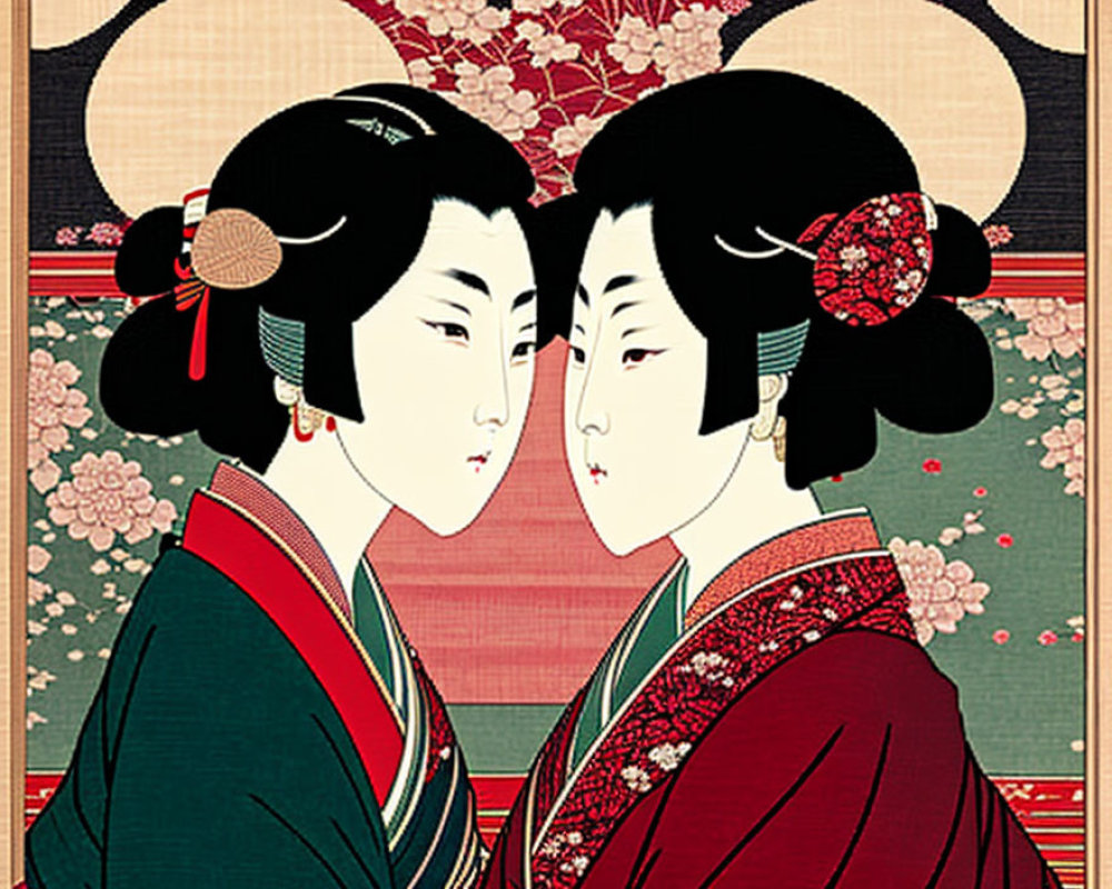 Traditional Japanese women in Ukiyo-e style facing each other in detailed kimonos