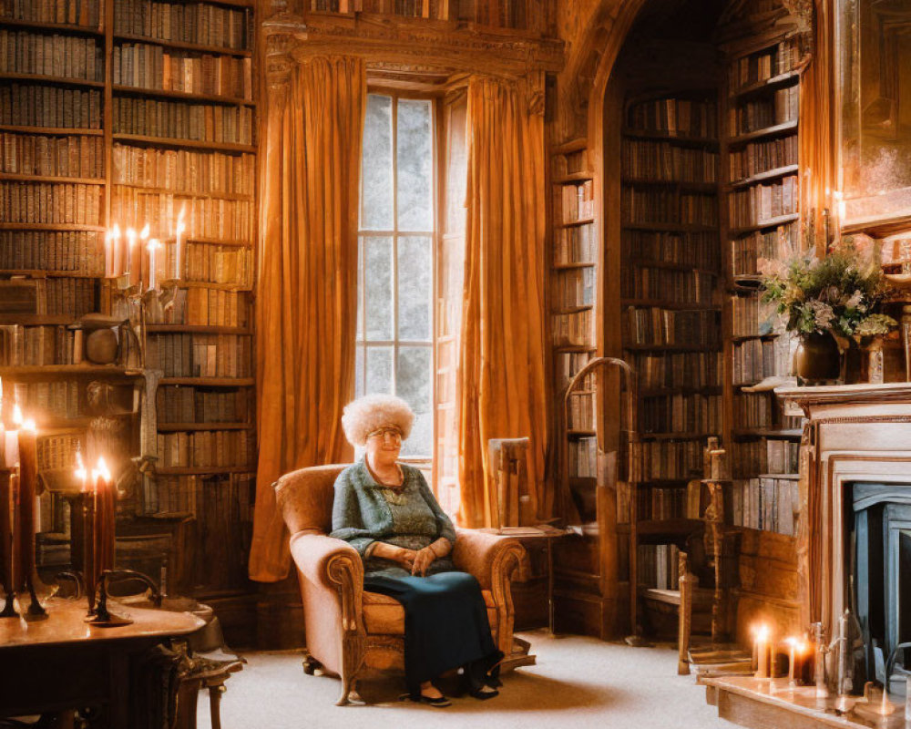 Elderly woman in cozy library with candlelight and fireplace