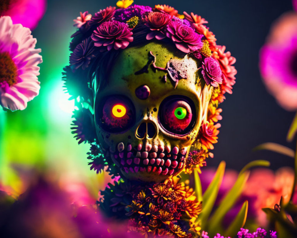 Colorful Decorated Skull with Floral Adornments and Vibrant Flowers on Dark Background