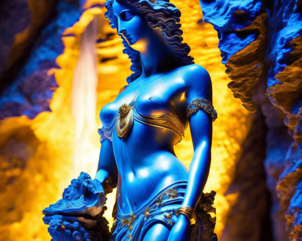 Intricately adorned woman statue with blue and gold elements on rocky background