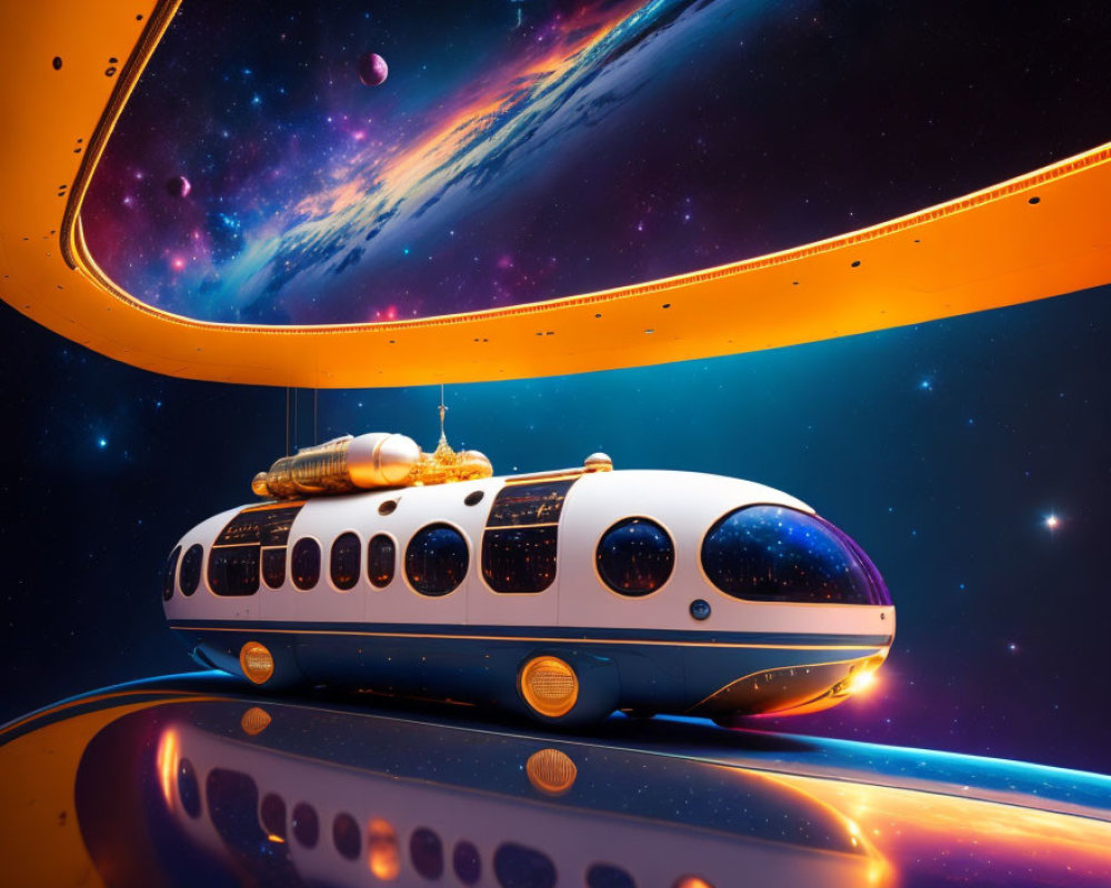 Futuristic space bus on orange track in cosmic setting