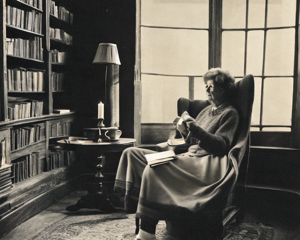 Person reading book in high-back chair near window and lamp, with shelves of books.