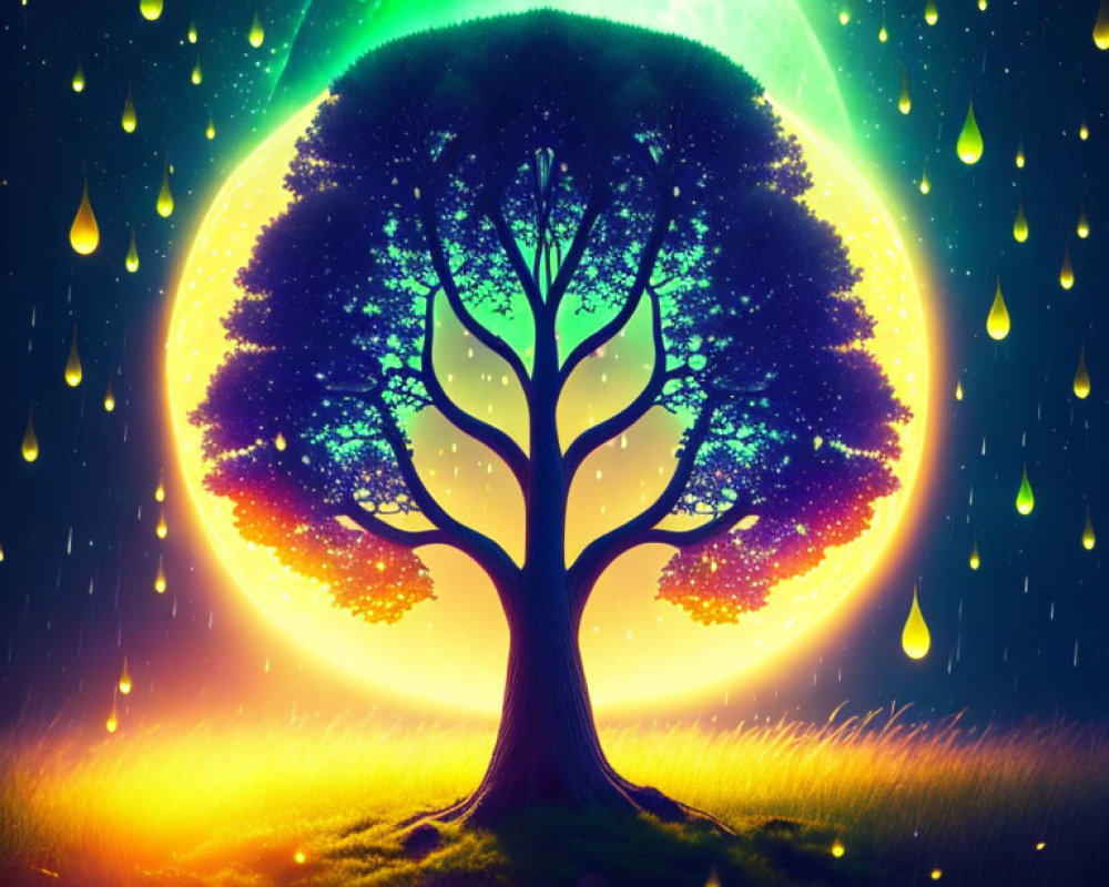 Fantastical tree silhouette on vibrant cosmic backdrop