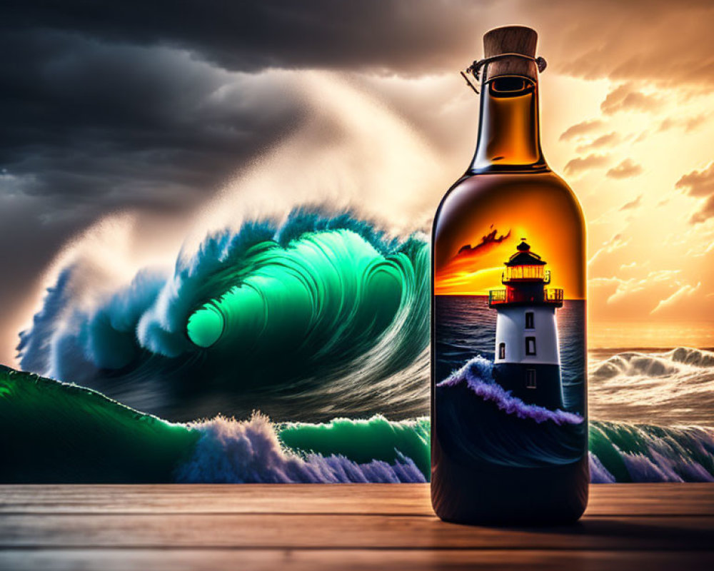 Surreal lighthouse and ocean waves on bottle with sunset sky