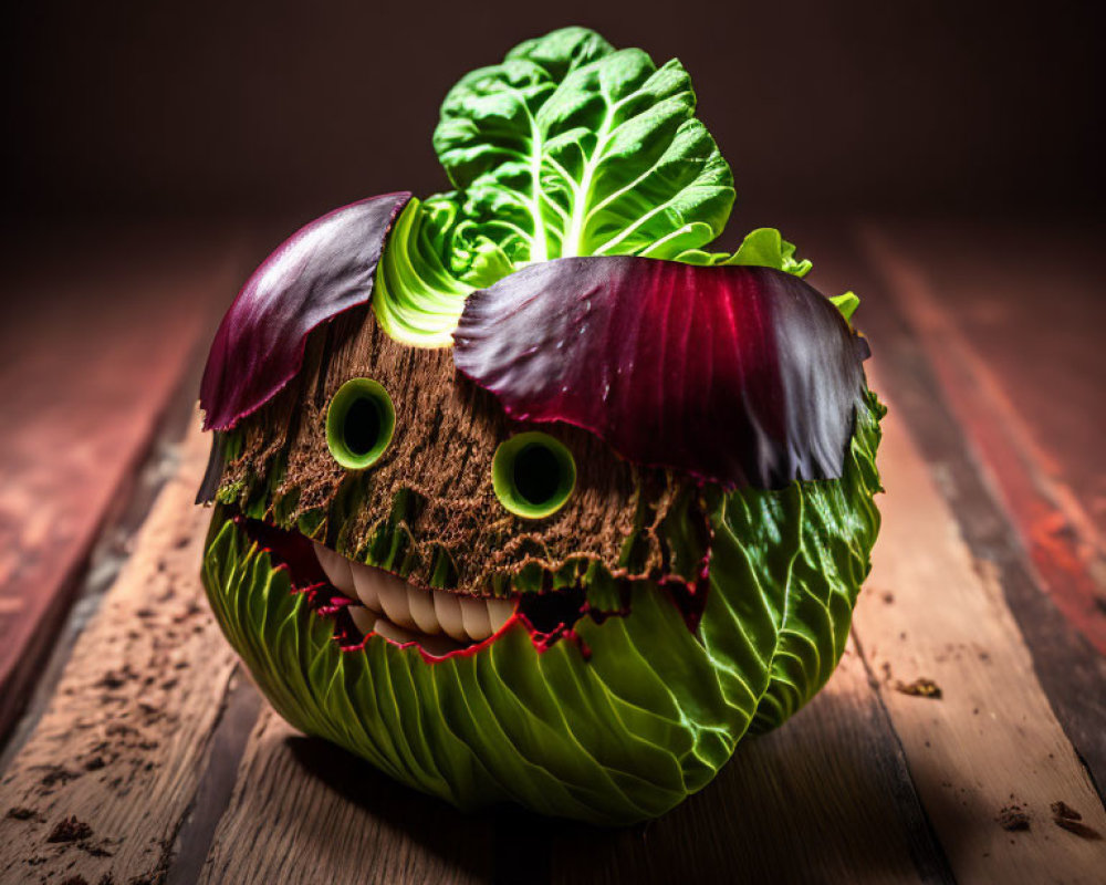 Vegetables arranged as face with cabbage head, red onion eyes, leafy smile