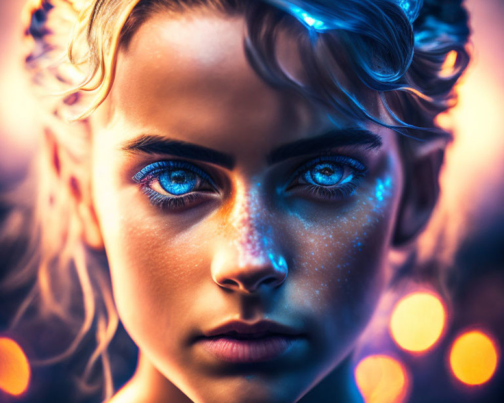 Close-Up Portrait of Woman with Striking Blue Eyes and Glitter in Warm Bokeh Light