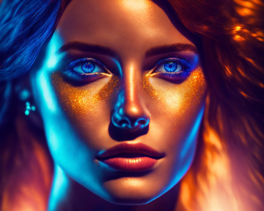 Portrait of a Woman with Vibrant Blue Eyes and Golden Makeup