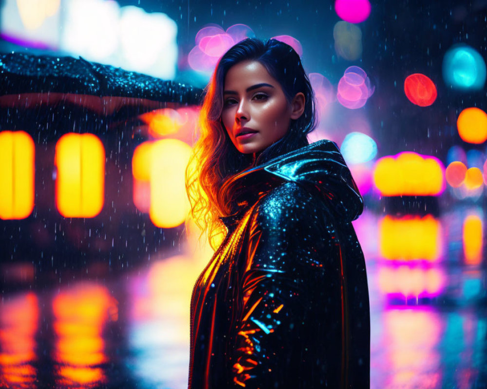 Reflective jacket woman in rain under city lights