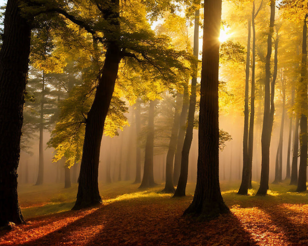 Autumn forest scene with sunlight filtering through misty trees