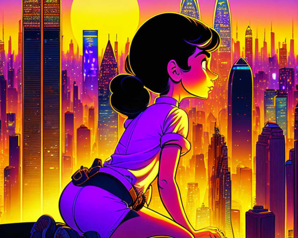 Girl sitting on skyscraper ledge overlooking futuristic cityscape at sunset.