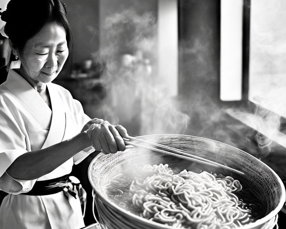 Woman stirring noodles in large bowl with gentle smile