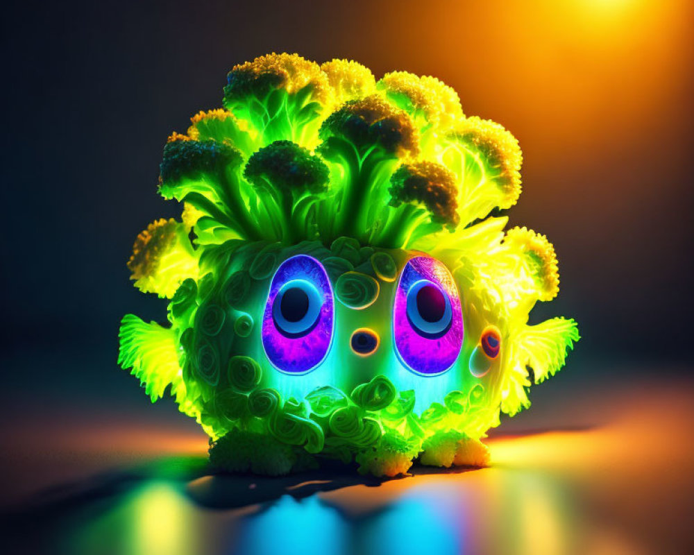 Colorful Fluffy Creature Toy with Broccoli-Like Fur and Glowing Red Details