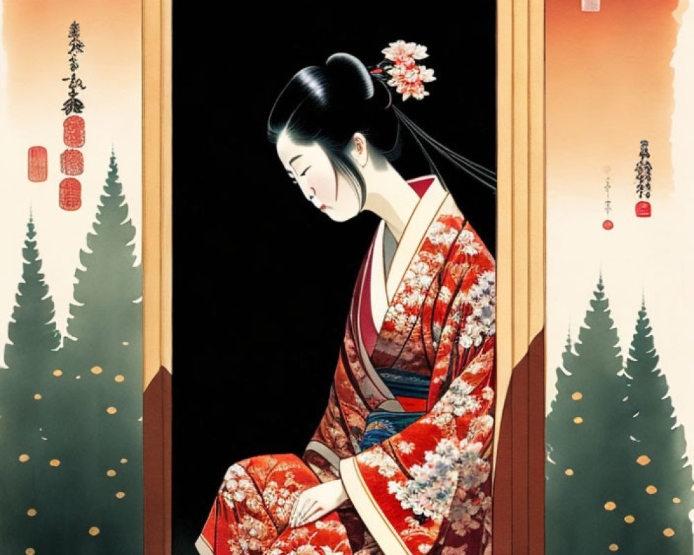 Traditional Japanese painting: Woman in floral kimono by sliding door, serene expression, pine tree landscape.