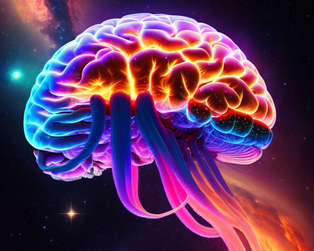 Colorful Brain Illustration in Neon Glow Against Cosmic Space