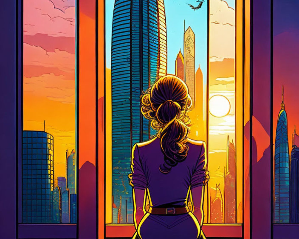 Woman sitting by large window overlooking futuristic cityscape at sunset