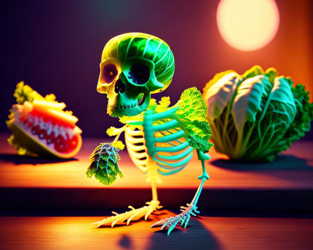 Vibrant neon green skull with skeleton and lettuce on warm background