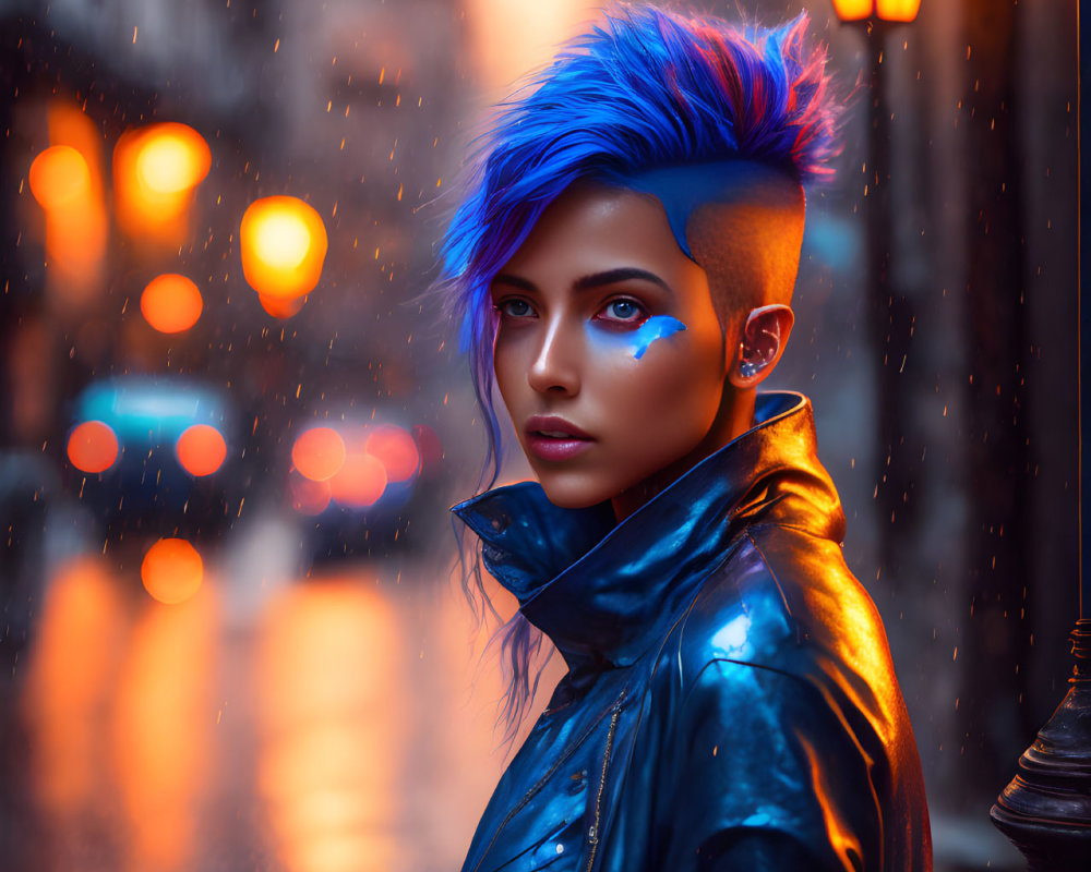 Vibrant Blue-Haired Person by Lantern on Rainy City Street