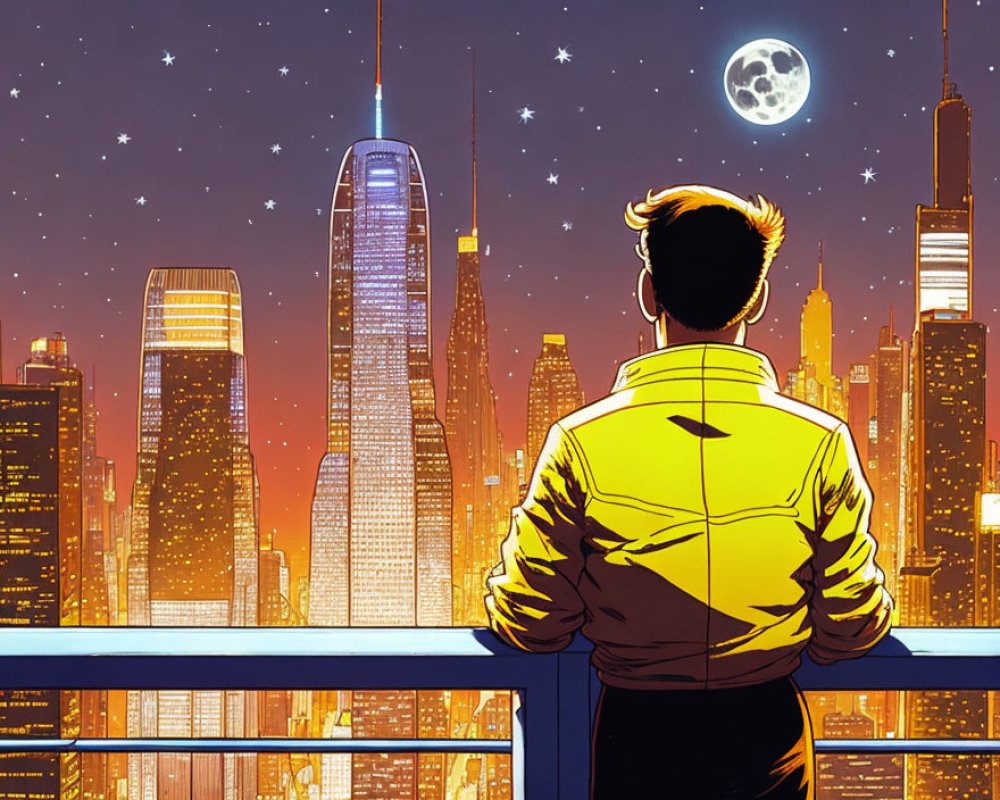 Person in yellow jacket gazes at vibrant cityscape at night with skyscrapers, stars, and