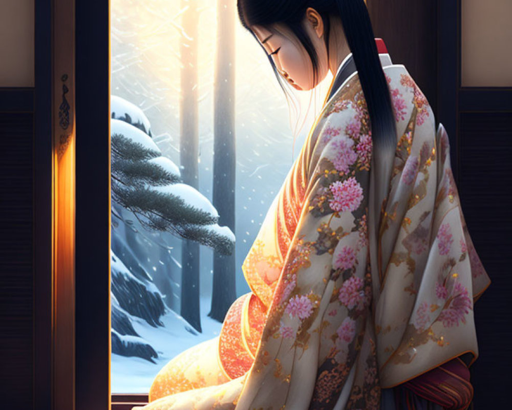 Illustrated woman in floral kimono by wooden door gazes at snowy landscape with serene trees.