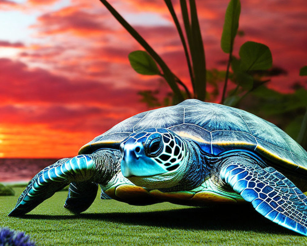 Sea turtle on grass under vibrant sunset sky with water and foliage.