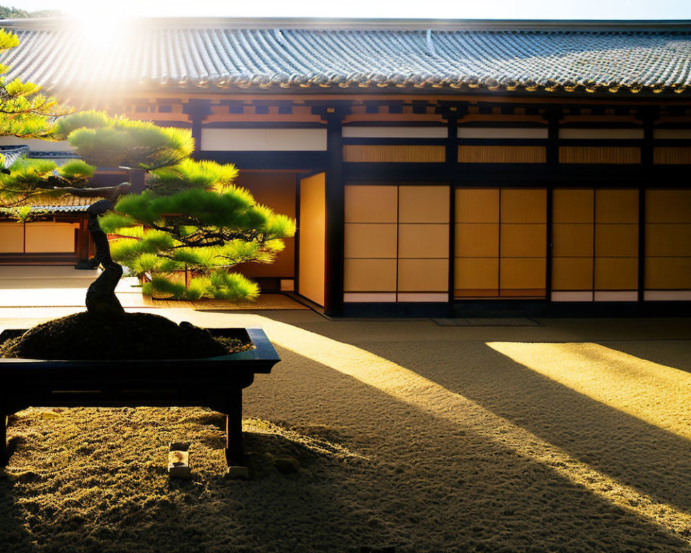 Bonsai Tree with Sunlight Shadows on Raked Sand by Japanese Sliding Doors