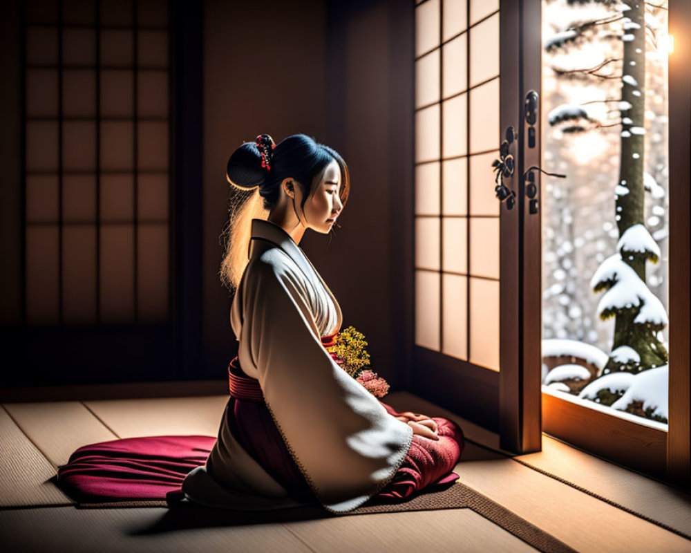 Traditional Japanese woman in serene setting by shoji screen and snowy landscape