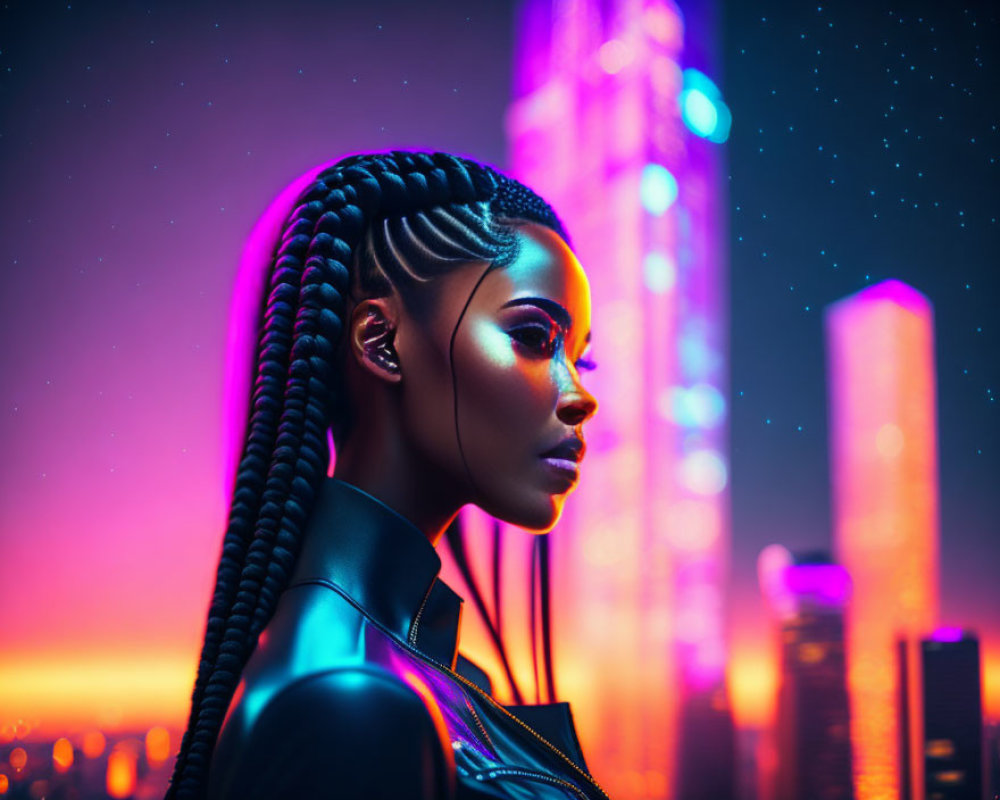 Profile view of woman with braided hair against neon-lit cityscape at dusk