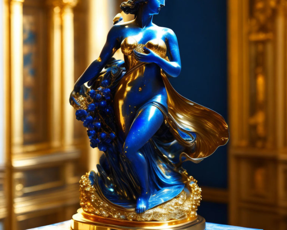 Blue and Gold Statue of Woman with Grapes on Golden Background