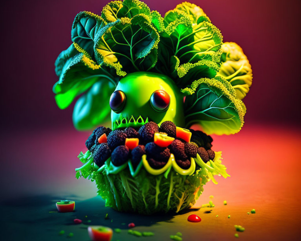 Colorful digital artwork: Anthropomorphic green creature with big eyes, lettuce-like appearance, adorned with black